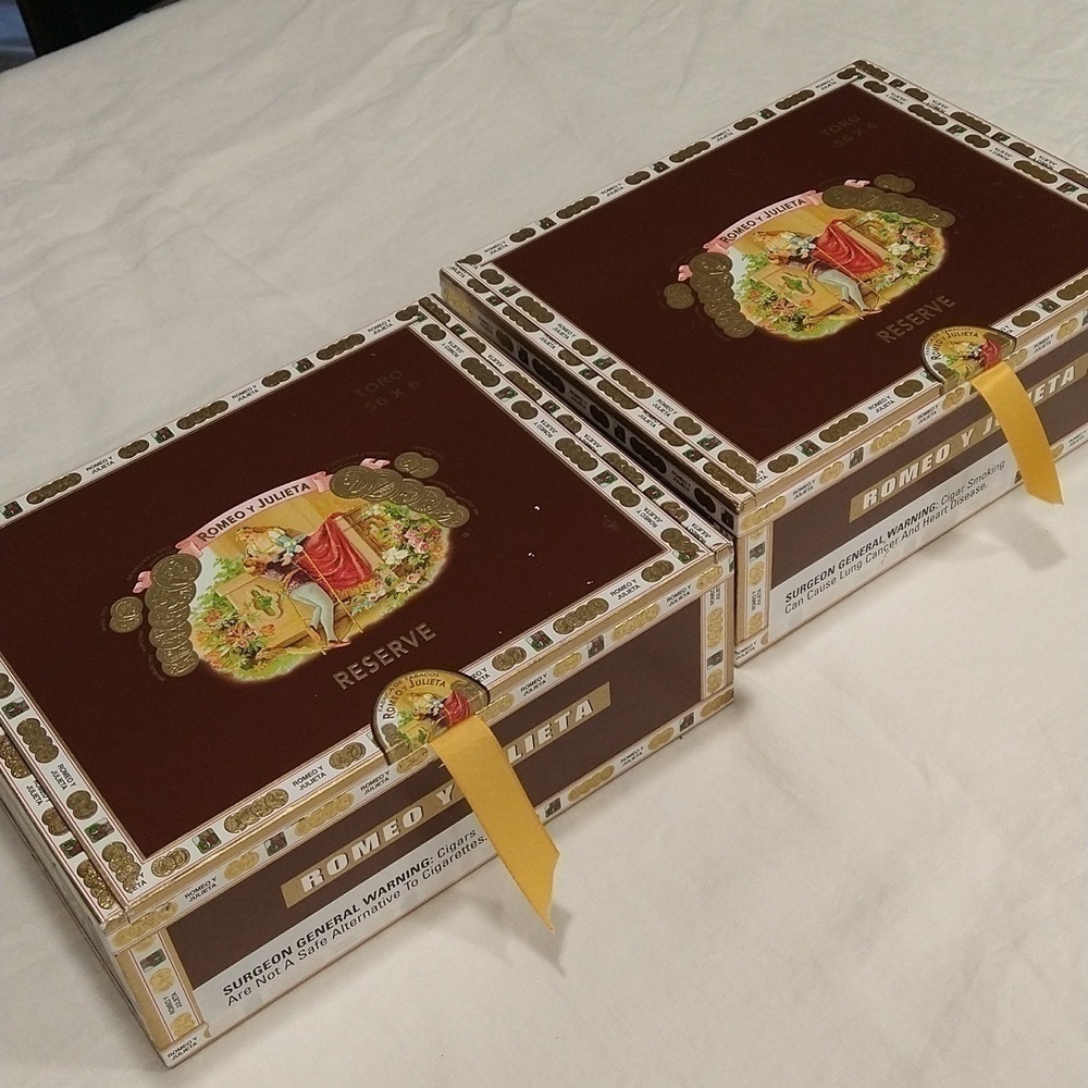 Romeo y Julieta reserve cigar 2 boxes brown 8 1/2"x 6 1/2"x 3 1/4" storage